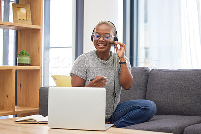 Buy stock photo Laptop, call center and black woman with a work from home job doing an online consultation in her home. Customer support, video call and telemarketing agent doing a ecommerce sale with a crm strategy