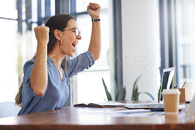 Buy stock photo Celebration, young woman and cheering with laptop, receive positive results and good news. Excited, surprise and female winner with digital device for happiness, smile and project success and outcome