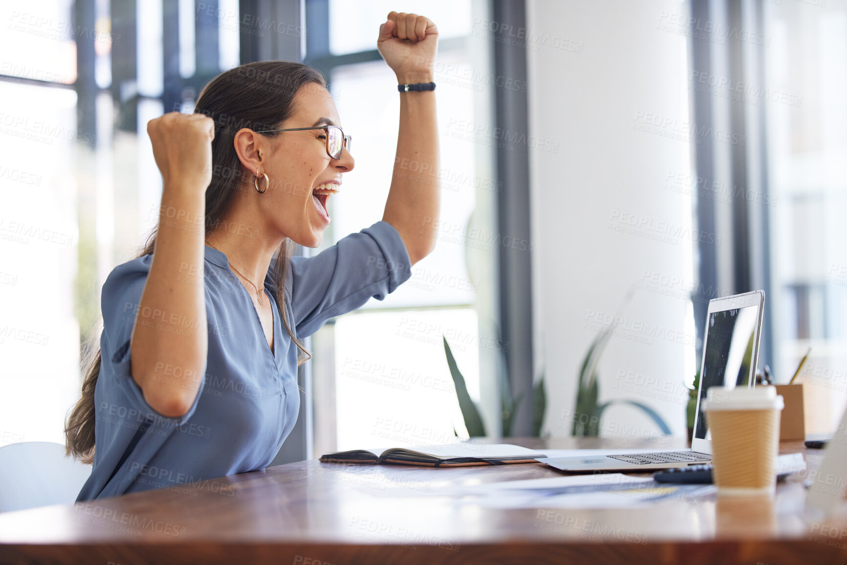 Buy stock photo Celebration, young woman and cheering with laptop, receive positive results and good news. Excited, surprise and female winner with digital device for happiness, smile and project success and outcome