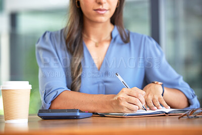 Buy stock photo Business woman, accountant and notebook while writing notes and using calculation for budget, profit and bookkeeping while sitting at a desk. Hands of entrepreneur with planner for financial report