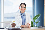 Office, portrait and lawyer woman at desk for professional legal advice with cheerful smile. Attorney, happy and elegant expert employee ready to work on documents in corporate workplace.

