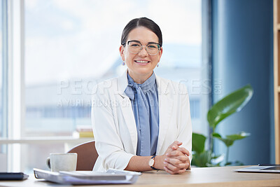 Buy stock photo Office, portrait and lawyer woman at desk for professional legal advice with cheerful and happy smile. Attorney, elegant and expert employee ready to work on law documents in corporate workplace.

