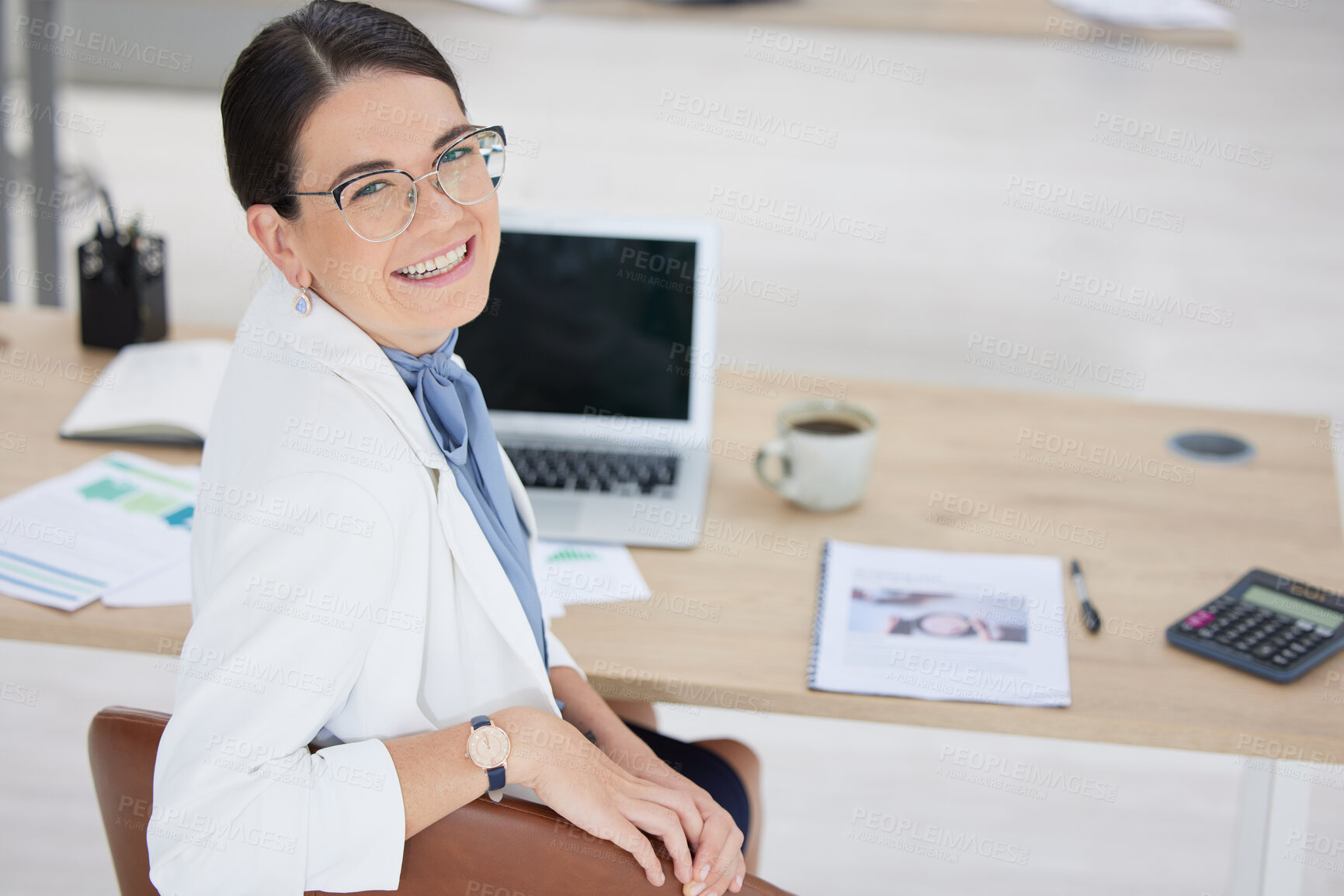 Buy stock photo Business woman, smile and happy at desk for marketing strategy, planning for startup company and laptop to browse online. Portrait, female leader and digital device for working and success in office