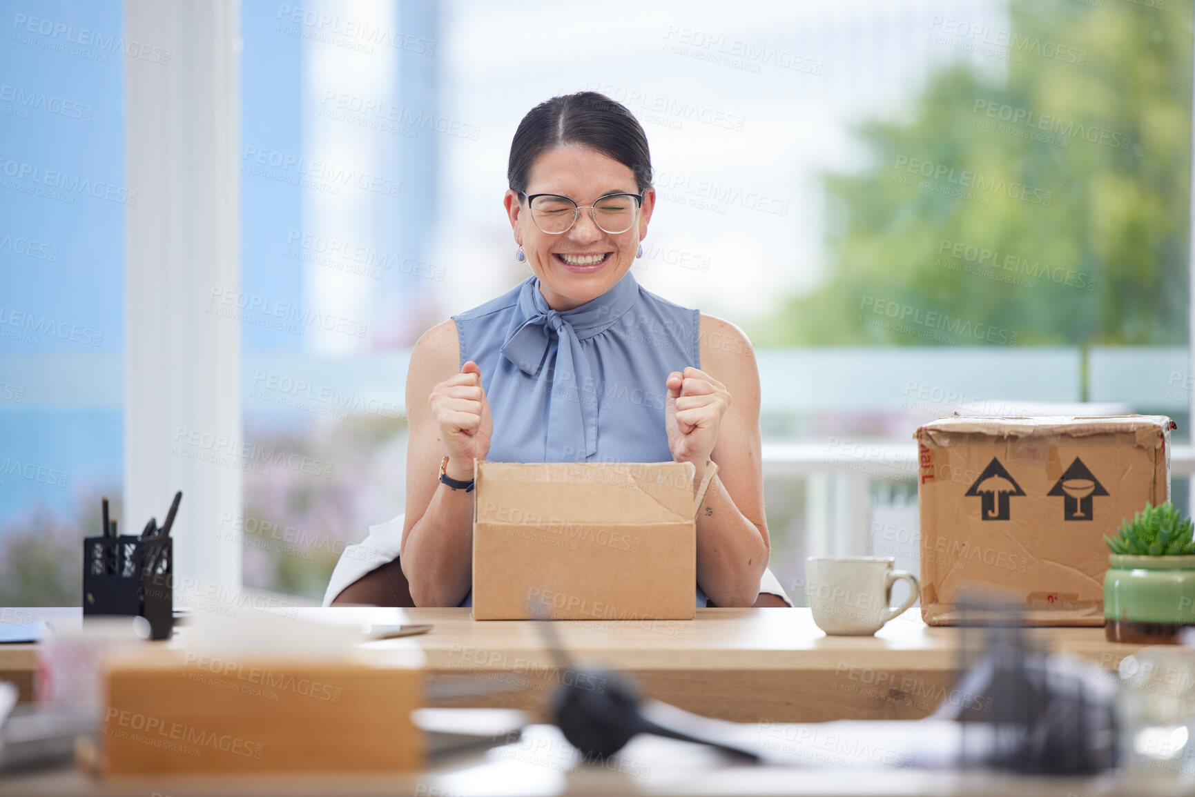 Buy stock photo Excited, delivery and box of business woman in office happy with product from courier service, ecommerce and supply chain industry. Success, logistics and employee with cardboard package for unboxing