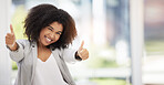 Thumbs up, success and business girl excited with achievement of goals, startup company growth or job venture. Mockup emoji hands sign, positive feedback and black woman with energy and yes gesture