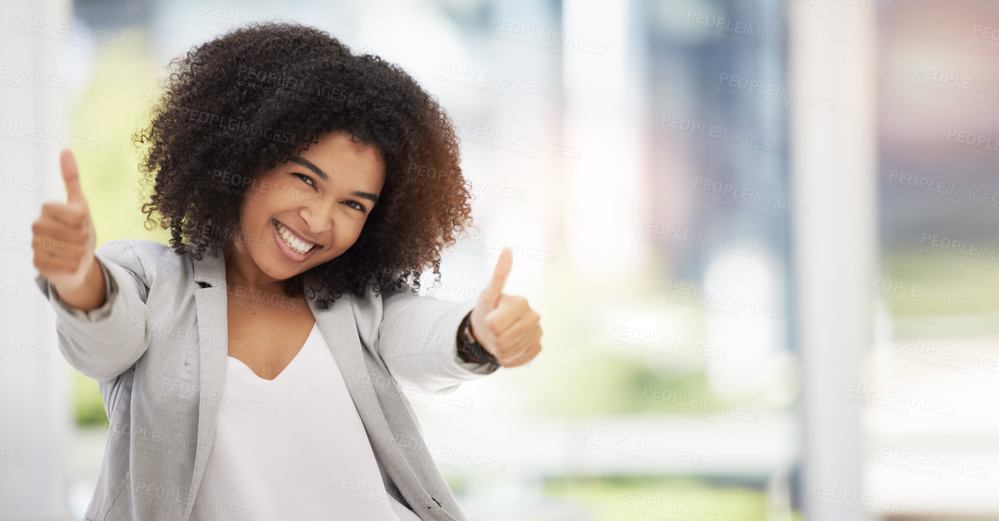 Buy stock photo Thumbs up, success and business girl excited with achievement of goals, startup company growth or job venture. Mockup emoji hands sign, positive feedback and black woman with energy and yes gesture