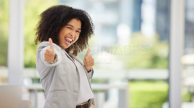 Buy stock photo Business thumbs up, happy and black woman excited with high energy, crazy and thumbsup for marketing success or growth. Yes, corporate motivation and young employee with emoji hands sign for good job