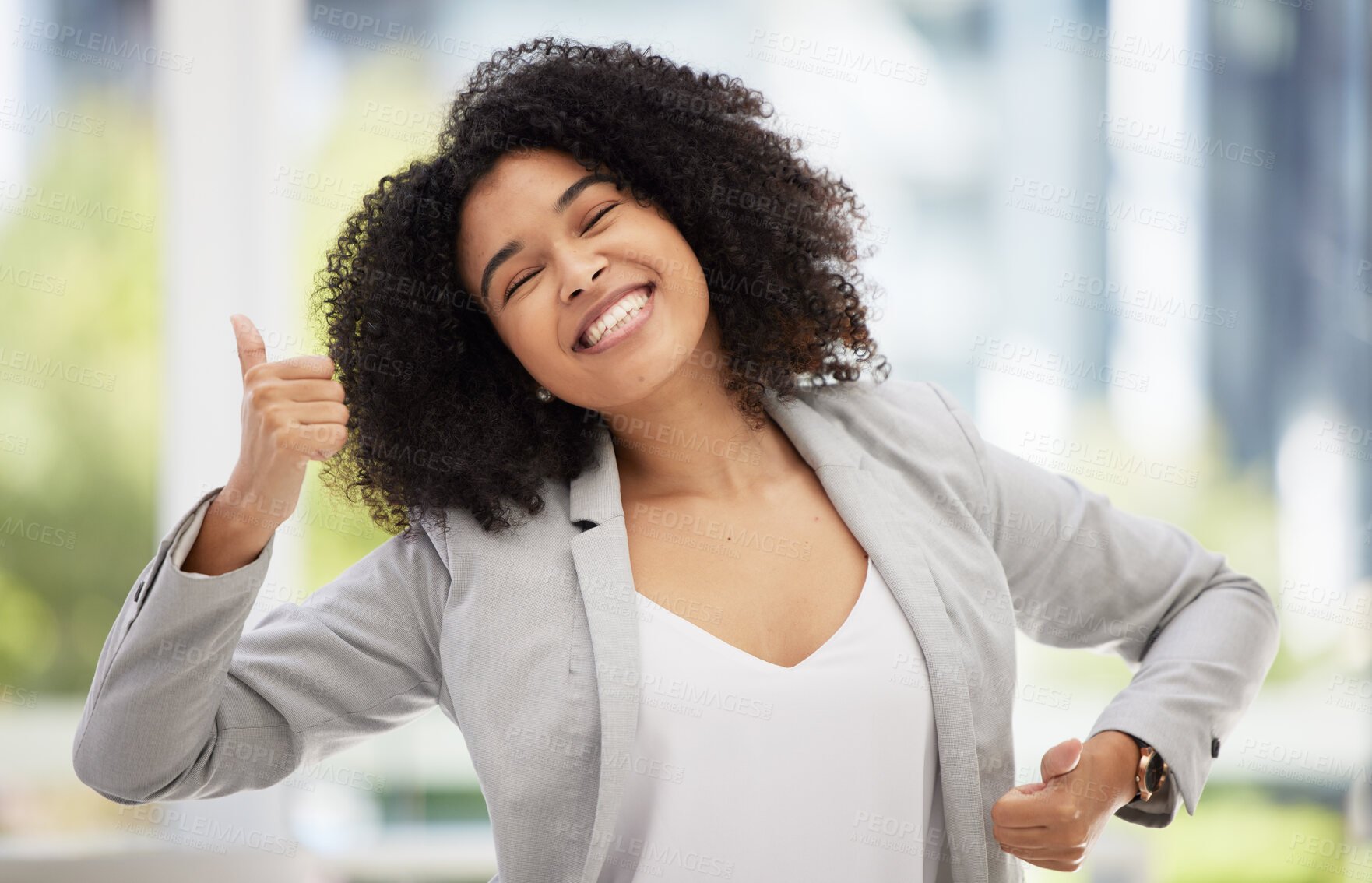 Buy stock photo Thumbs up, hands and happy black woman in city or street outdoors. Thank you, yes or ok of business woman from South Africa in agreement, approval or satisfaction with motivation for success goals.
