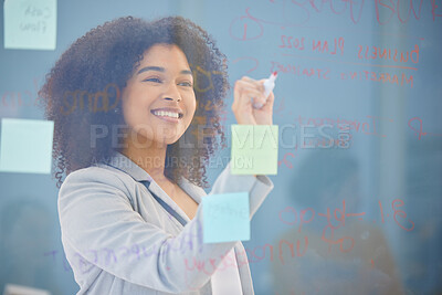 Buy stock photo Creative worker, sticky note or business woman planning, writing on glass wall or working on company strategy, innovation or schedule, Happy startup employee for marketing or advertising SEO agenda