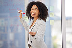 Black woman, leader and smile for coaching with sticky notes in meeting, question or workshop training at the office. Portrait of happy African American female business manager in post it planning