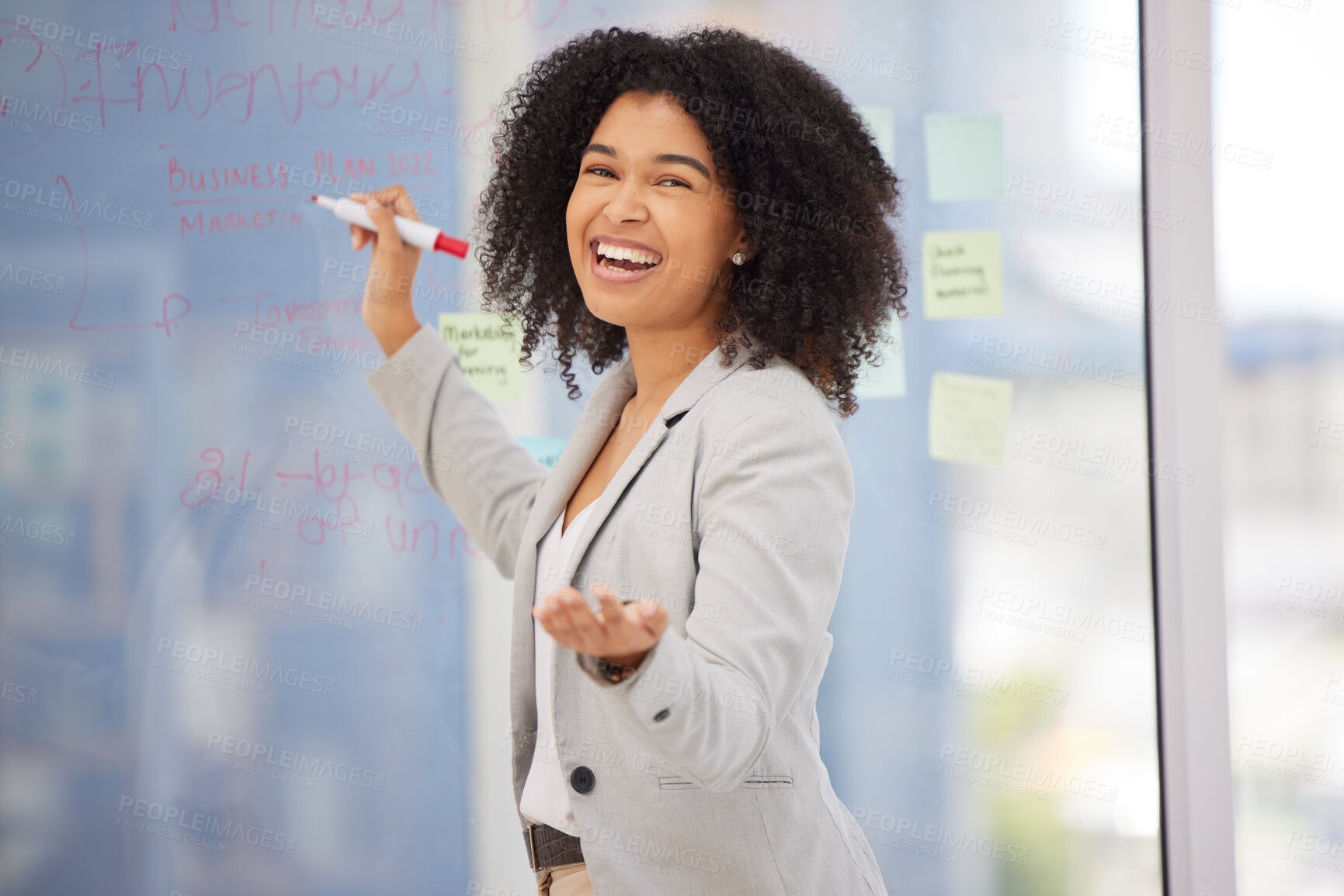 Buy stock photo Black woman, leader and smile for coaching with sticky notes in meeting, question or workshop training at the office. Portrait of happy African American female business manager in post it planning