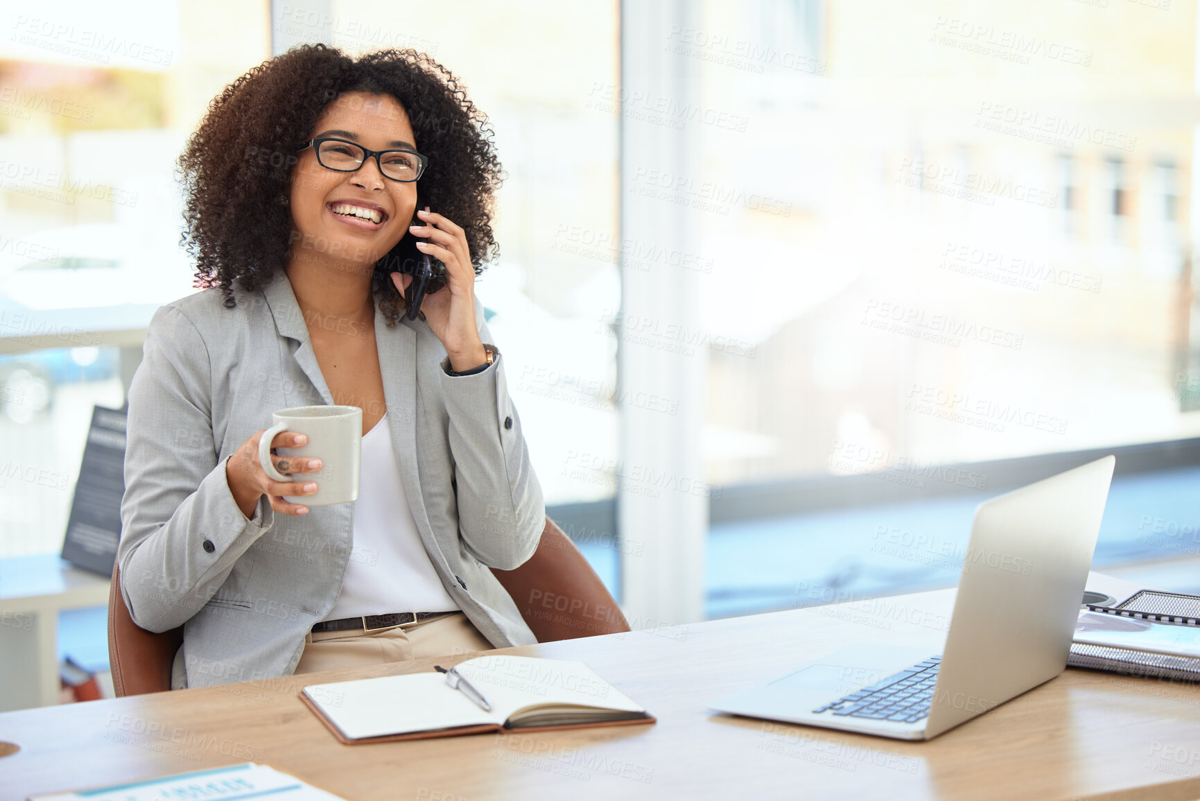 Buy stock photo Office desk, black woman and phone call of morning business conversation about marketing. Working, communication and happy corporate person mobile planning and speaking about market worker project