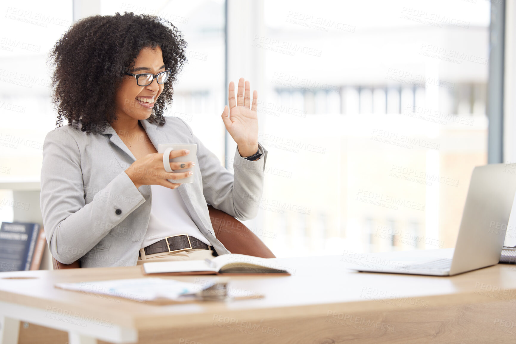 Buy stock photo Black woman, wave and laptop for video call, online coaching and business connect in office. Digital device, hand gesture and female entrepreneur in webinar, video conference and coffee in meeting