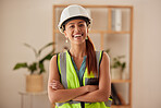 Woman, engineer and arms crossed portrait with smile for success in office or building site. Happy, architect or young female construction worker or contractor from India with vision and motivation.