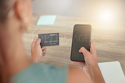 Buy stock photo Woman, smartphone and credit card for online shopping, banking service and payments. Female customer, client and consumer with card for transactions, ecommerce and virtual purchase with phone in home