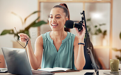 Buy stock photo Podcast, influencer and woman in home office with microphone and laptop, live streaming business and finance tips. Blog, speaker and girl recording or creating content for online social media page