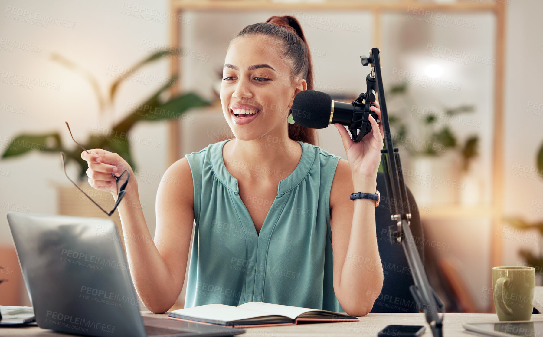 Buy stock photo Podcast, influencer and woman in home office with microphone and laptop, live streaming business and finance tips. Blog, speaker and girl recording or creating content for online social media page