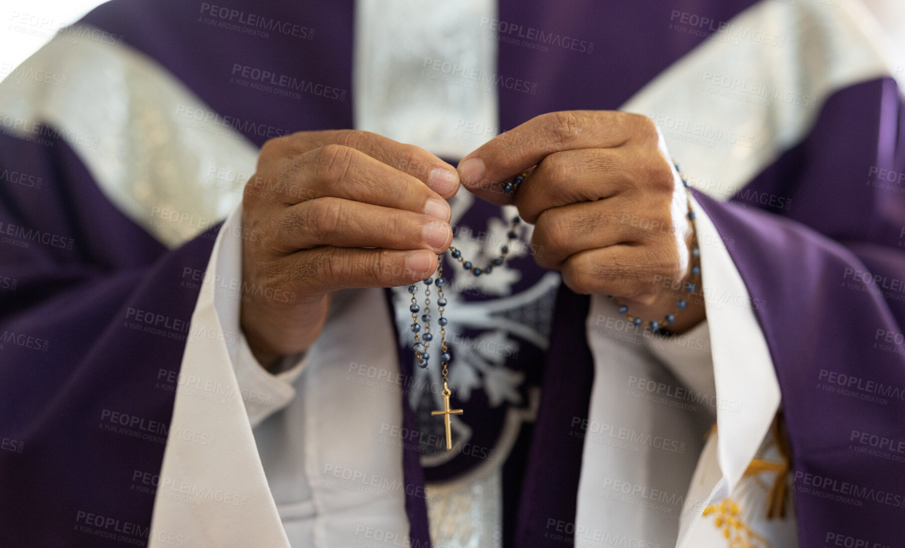 Buy stock photo Priest, pastor and man hands with rosary with cross in church, prayer and catholic worship, praying or spiritual respect. Christian preacher, faith beads with crucifix and holy religion for God mercy