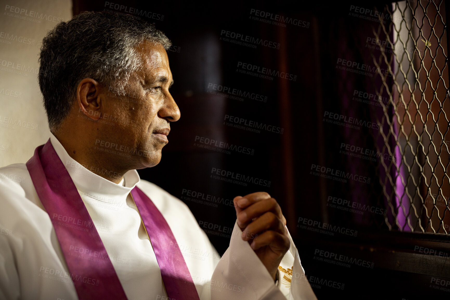 Buy stock photo Religion, church and priest in confession booth listening to people confess, share and speak about their sins, mistakes and ask forgiveness. Christianity, catholic tradition and man ready to listen