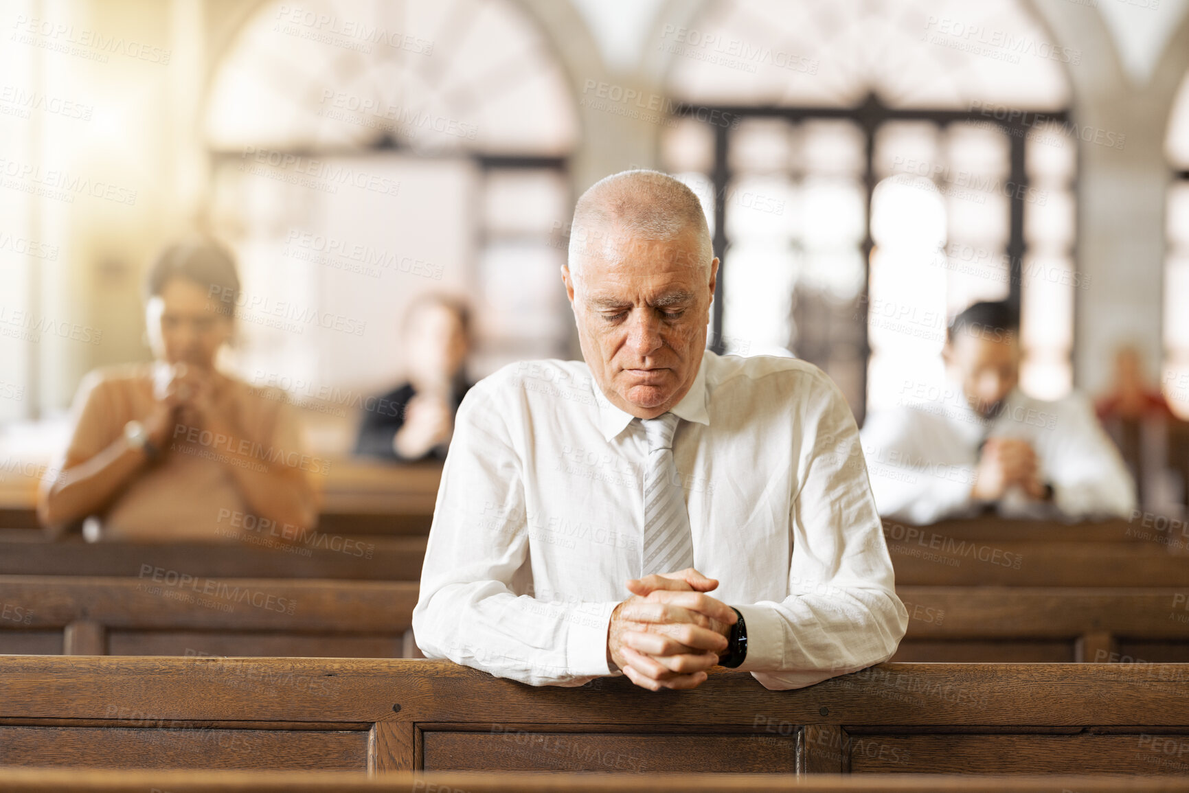 Buy stock photo Praying, faith and in church to worship, spiritual and religion with believers, congregation and silent. Religious, connect and hands together for gratitude, closed eyes and prayer in tabernacle.