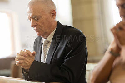 Buy stock photo Praying, religion and senior man in church for spiritual christian worship, faith and belief. Prayer, hope and elderly guy in religious congregation with his hand together to pray to god in cathedral