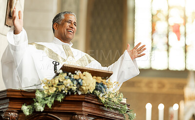 Buy stock photo Pastor, preach and in church smile, bible and talking with pride, confidence and happy with altar. Blessing, worship or spiritual leader for faith, happiness or joy for gospel, leadership or religion