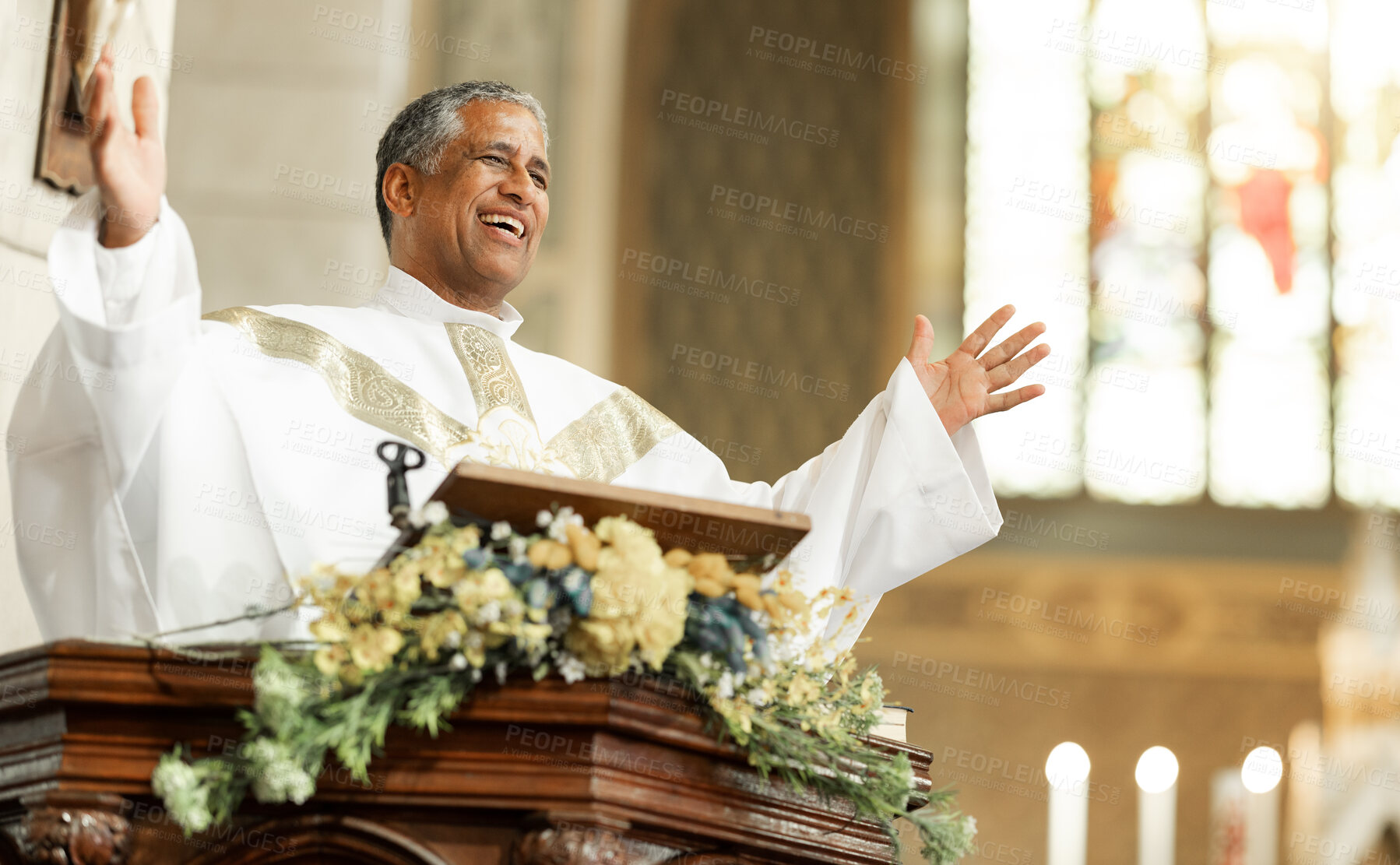 Buy stock photo Pastor, preach and in church smile, bible and talking with pride, confidence and happy with altar. Blessing, worship or spiritual leader for faith, happiness or joy for gospel, leadership or religion