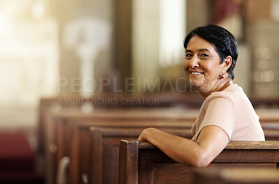 Senior woman, christian and happy in church, spiritual and religion after service, smile and lifestyle. Elderly female smile, portrait and empowerment while sitting in wood bench in catholic chapel