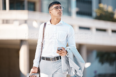 Buy stock photo Business trip, man and traveler with smartphone, suitcase and vacation for tourism, social media and outdoor. Young male, entrepreneur and luggage for travelling, holiday and global trade for company
