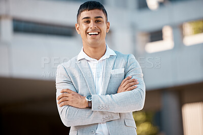 Buy stock photo Happy, portrait and proud business man in a city, excited about vision for future and startup goal. Happy, entrepreneur  with a positive mindset, standing in power and enjoying his career in London