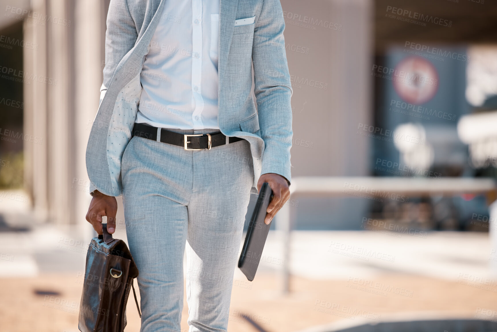 Buy stock photo Businessman, walking to work and with briefcase in city with tablet in hands traveling, outdoor stroll and work in town. Professional employee, walk cityscape street and man in gray suit in sunshine 