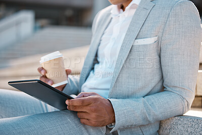 Buy stock photo Black man, business and tablet with coffee for marketing strategy, planning sale growth or social media outdoor. Male, digital device for analytics or entrepreneur relax or browse online for research