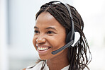 Call center, black woman and customer service, consulting agency and contact us, help and telemarketing support in office. Happy african consultant face, sales employee and crm communication worker 
