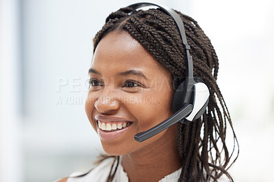 Buy stock photo Call center, black woman and customer service, consulting agency and contact us, help and telemarketing support in office. Happy african consultant face, sales employee and crm communication worker 