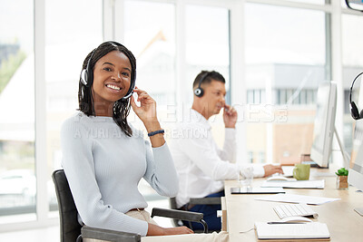 Buy stock photo Portrait, call center and customer support, black woman and contact us woman happy with CRM, consulting and online. Consultant professional giving telemarketing services about us at her help desk
