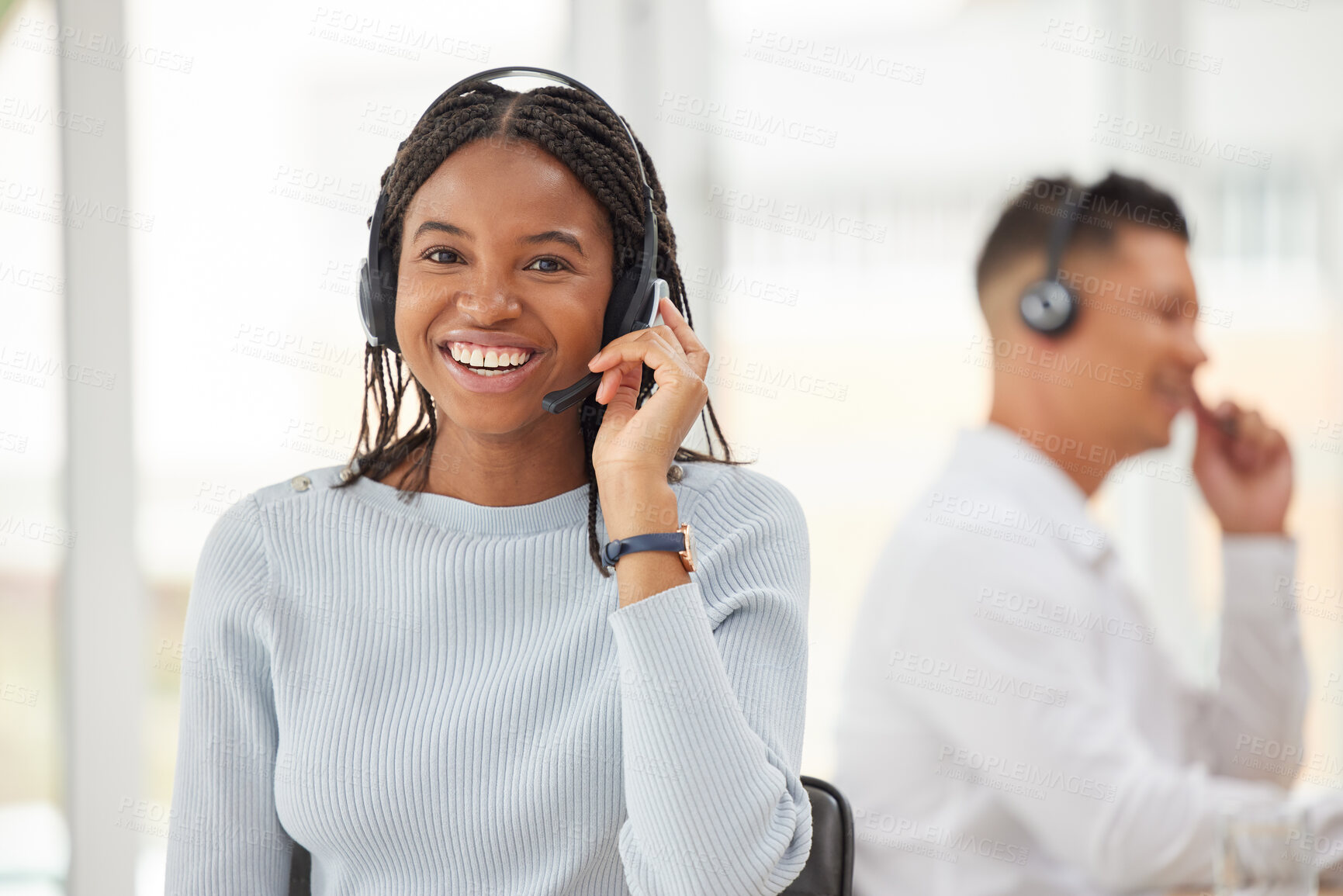 Buy stock photo Call center, telemarketing and black woman consulting for support, help and customer service at a professional company. Happy, smile and portrait of an African crm worker talking to people online