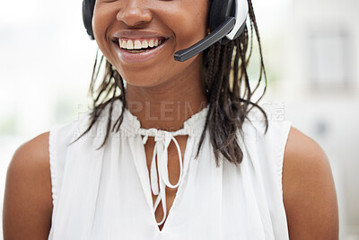Buy stock photo Mouth, smile and black woman call center, telemarketing operator or consultant and talking on headset for customer service. Zoom in of happy female worker smile in contact us and crm support company
