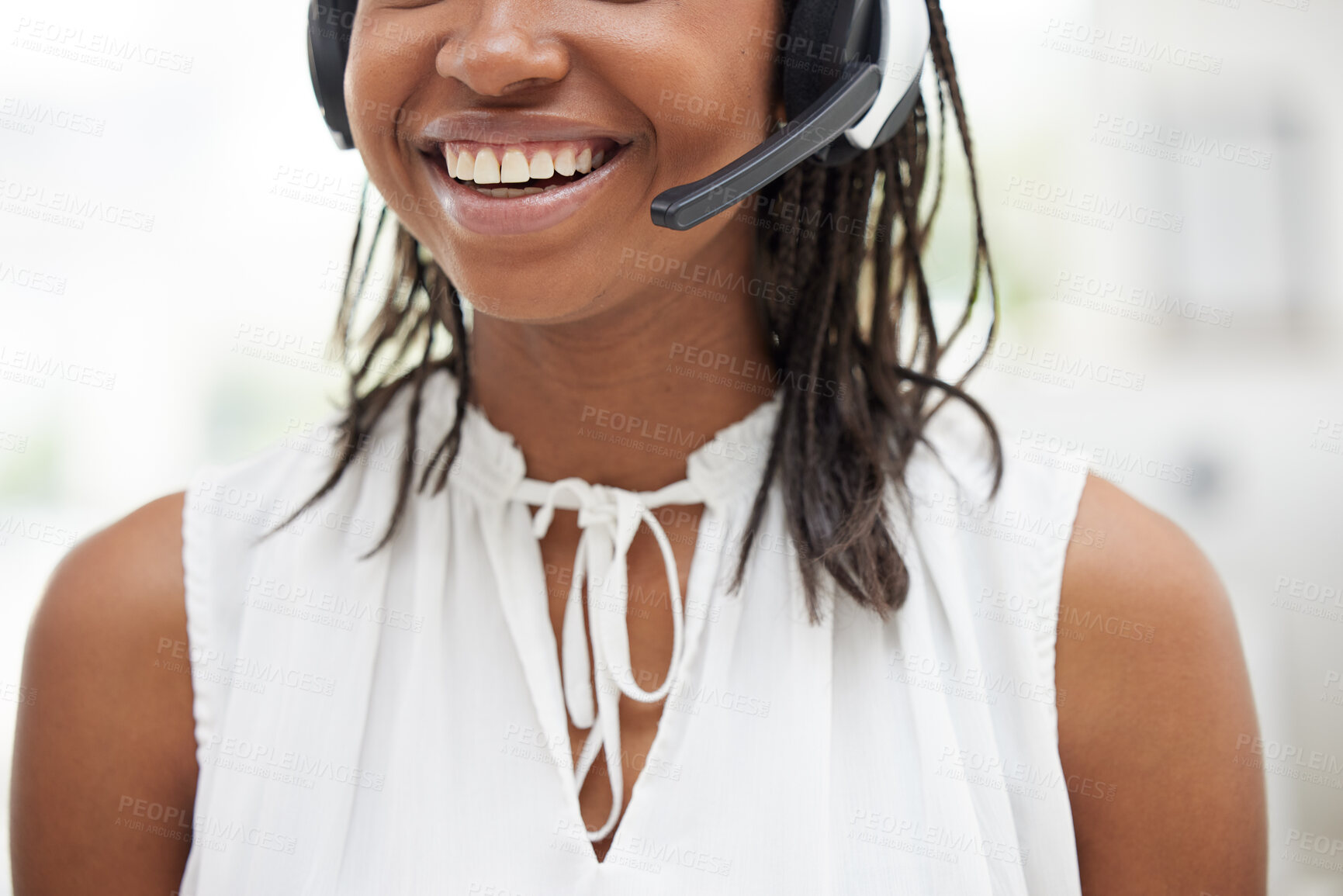 Buy stock photo Mouth, smile and black woman call center, telemarketing operator or consultant and talking on headset for customer service. Zoom in of happy female worker smile in contact us and crm support company