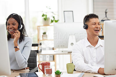 Buy stock photo Happy, call center and team working in customer support, contact us and online help for ecommerce in office. Crm, telemarketing and smile by black woman and man consultant excited by customer service