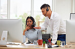 Telemarketing, customer service and call center manager, help and advice to employee with computer in office. Contact us, consulting and customer support worker with leader, support and crm help desk