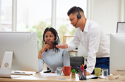 Buy stock photo Telemarketing, customer service and call center manager, help and advice to employee with computer in office. Contact us, consulting and customer support worker with leader, support and crm help desk