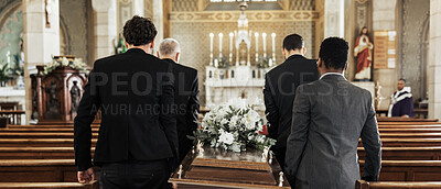 Buy stock photo Funeral, church and group carry coffin in service, death or sermon for burial with support. Friends, family or pallbearers with casket for respect, help or sorrow in mourning, worship or god religion