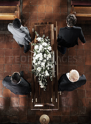 Buy stock photo Funeral, family coffin and church above for death, grief or burial service with solidarity. Group, pallbearers and people together with casket for respect, farewell or sad in mourning, mass or loss