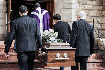 Buy stock photo Death, funeral and holding coffin in church for grief, bereavement and with family together on steps. Grieving, sad and congregation in mourning, sad and with goodbye before burial and wood casket.