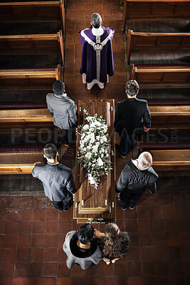 Buy stock photo Funeral, church and sad people carrying coffin with a priest, pallbearers and church pew from above, death, mourning and day of remembrance. Church service, casket and grieving family and friends  