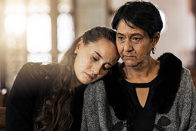 Buy stock photo Sad, empathy and funeral with women in church for mourning, grief and death. Loss, respect and console with mother and daughter at chapel for burial ceremony for depression, remember and sorrow