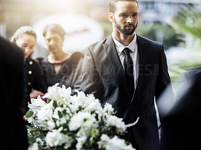 Buy stock photo Death, funeral and carry coffin with family mourning, sad and depressed for grieving time. Grief together, mental health and man holding casket for church service, memorial and difficult for loss. 