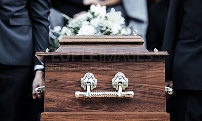 Buy stock photo Coffin, people and funeral with death, grief and service with family carry casket to grave outdoor. Rip, farewell and ceremony or event for dead person together in respect, religion and spiritual 