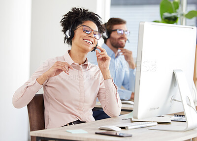 Buy stock photo Happy, customer support and call center consultant in office for crm, contact us and online help. Customer service, telemarketing and friendly staff ready to support sales and customer service