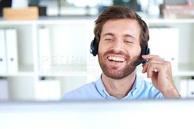 Buy stock photo Call center, consulting and communication with businessman at computer for telemarketing, customer support and sales. Help desk, contact us and phone call with employee in office for crm consultant 